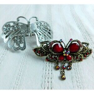 Butterfly Sequined Hair Barrettes Clips, Lot of 2, Silver-tone, Red EUC